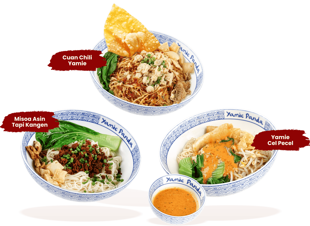 Tiga mangkuk porselen: Cuan Chili Yamie, Missa Asin, Yamie Cel Pecel