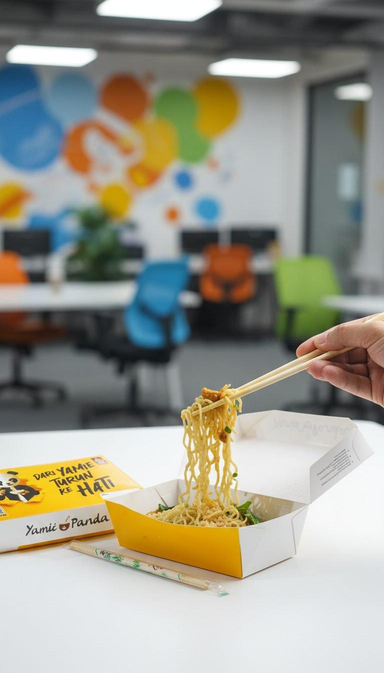 Yamie dalam kotak takeaway diangkat dengan sumpit